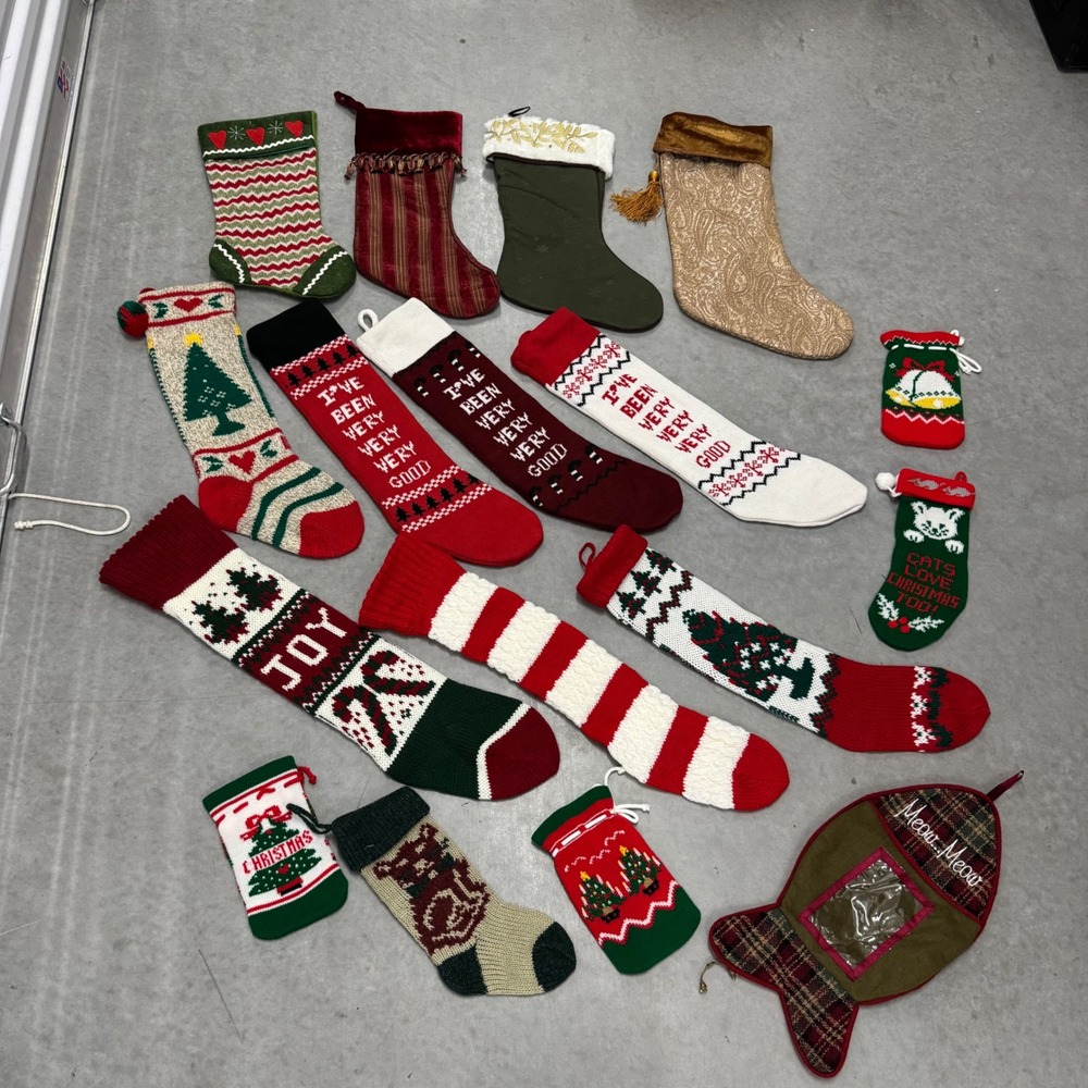 Mixed Lot of 17 Christmas Stockings Knit Velvet Pet Cat Meow Meow Holiday Decor